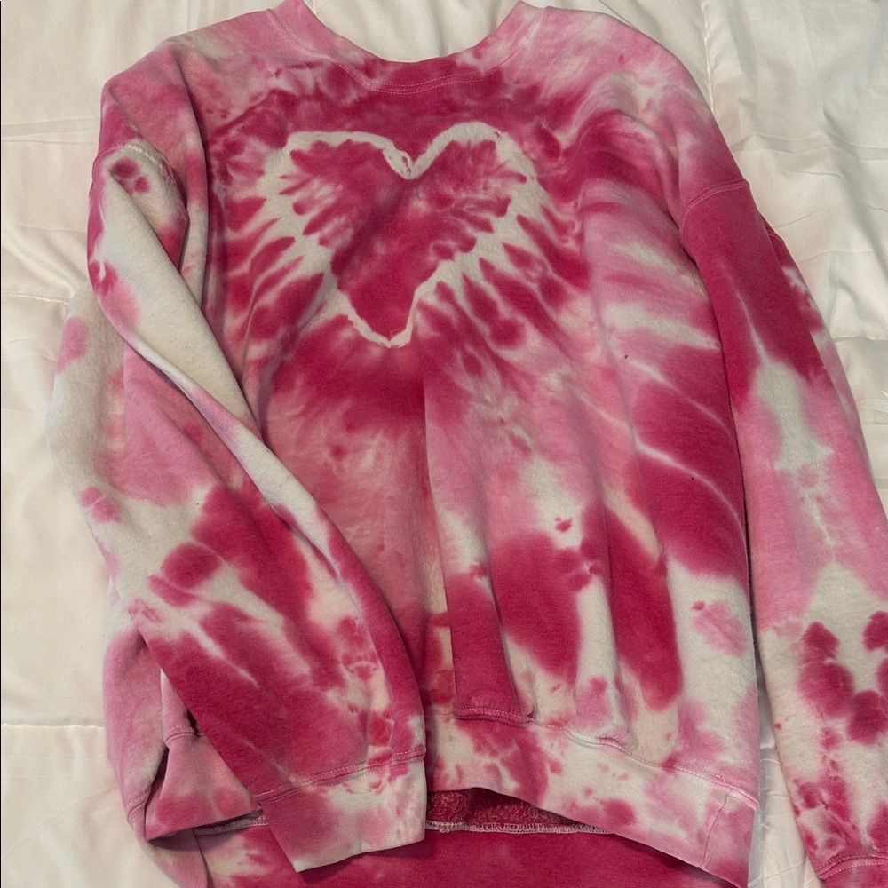 Urban Outfitters Pink and White Tie-Dye Heart Sweater